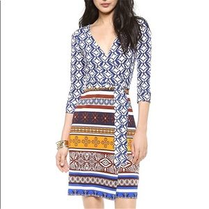 Diane Von Furstenberg Blue White Yellow Brown Patterned Wrap Dress